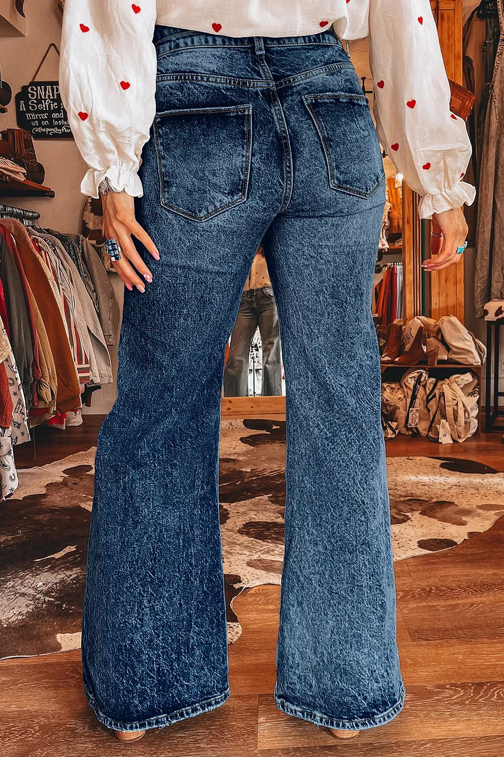 Acid Wash Pocket Detail Flare Jeans - Lilixa.store