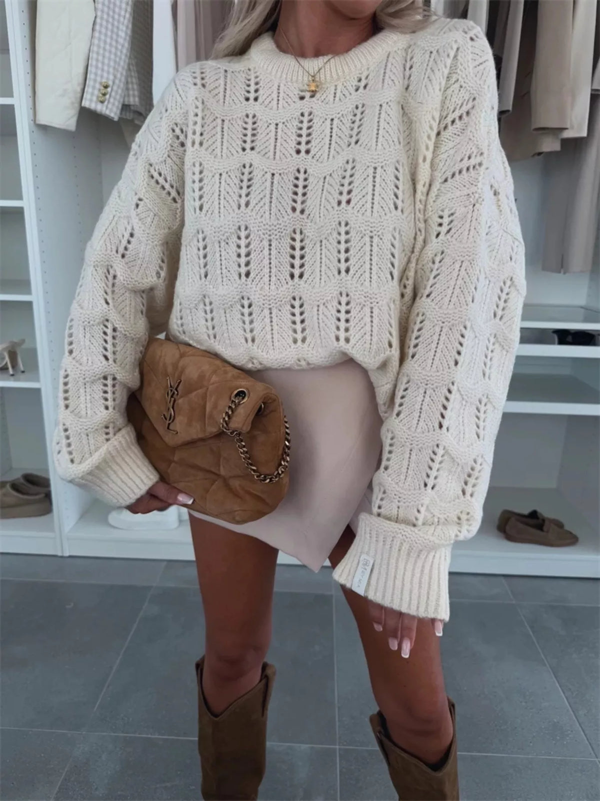Openwork Round Neck Sweater - Lilixa.store