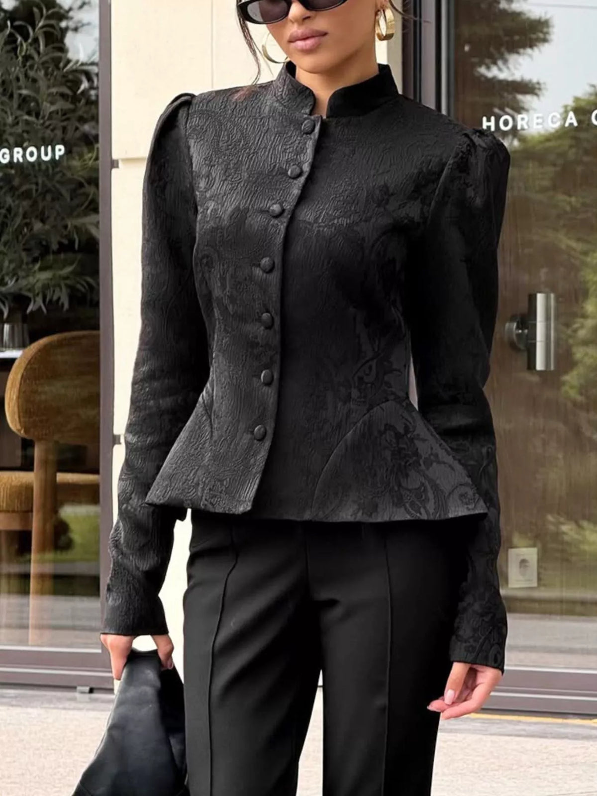 Jacquard Peplum Puff Sleeve Outerwear - Lilixa.store