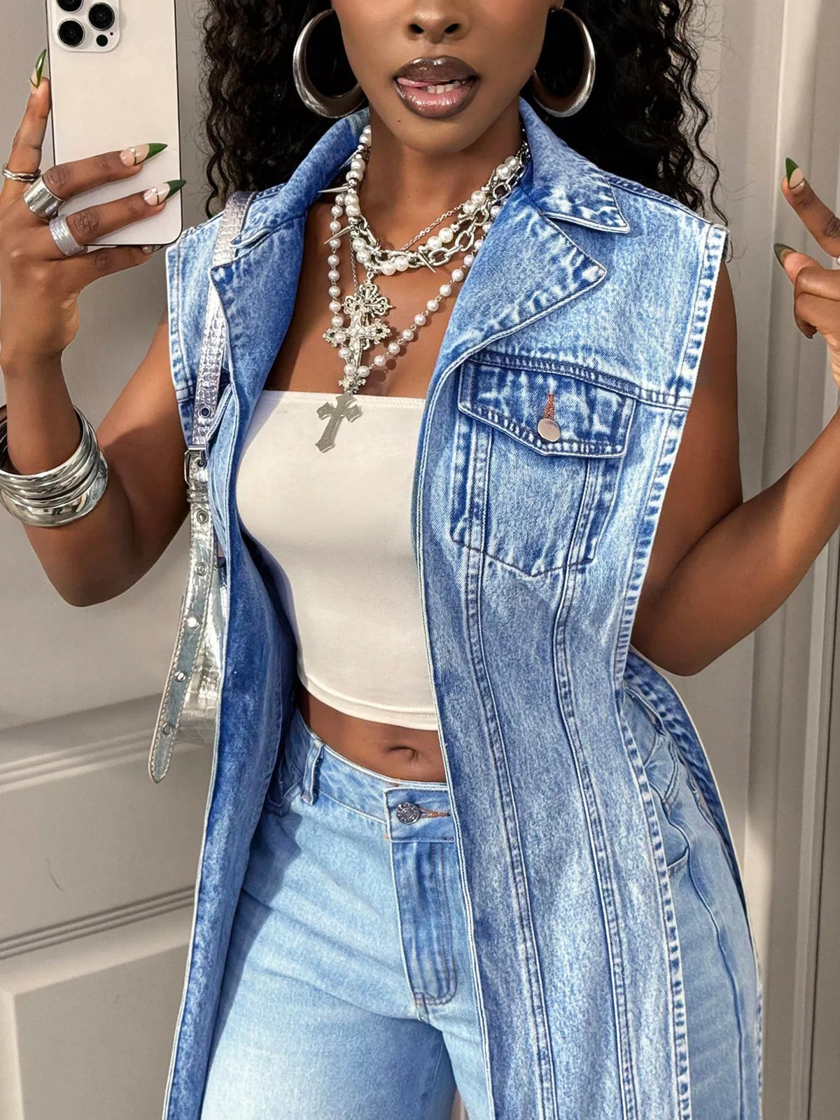 High-Low Open Front Denim Vest, view 4