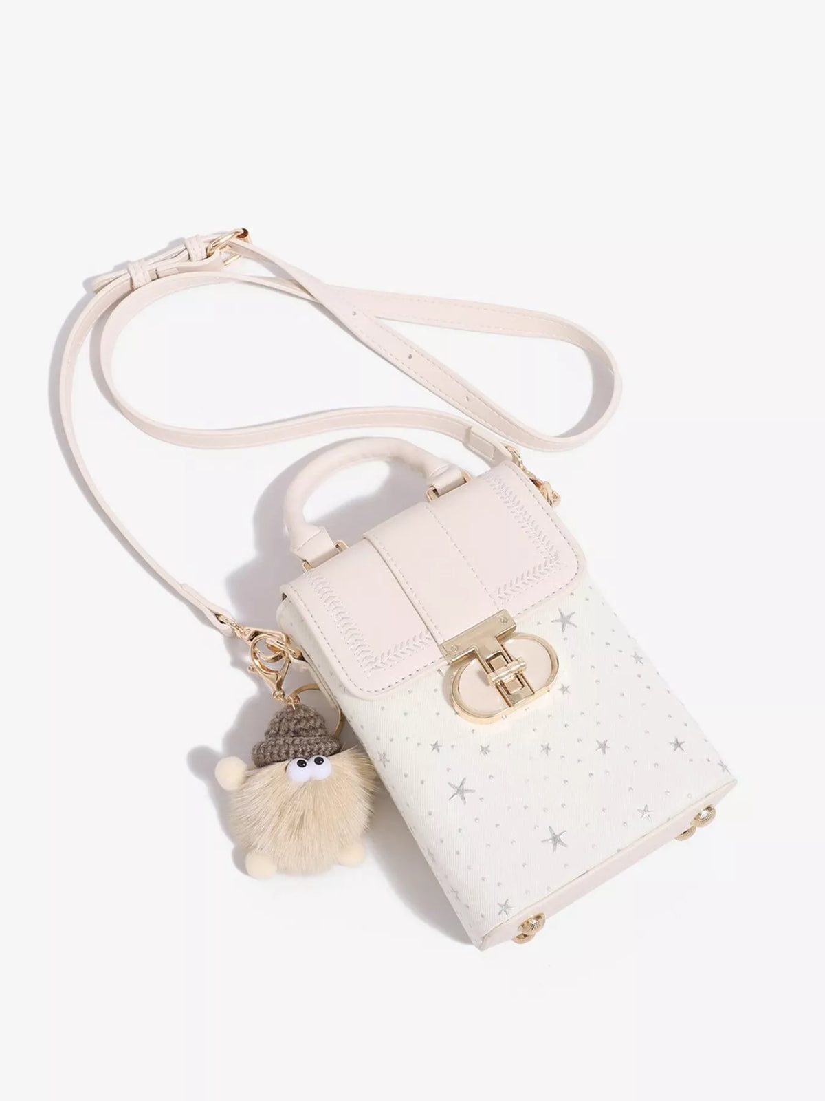 Star-Patterned Mini Crossbody Bag with Plush Charm in White, view 10