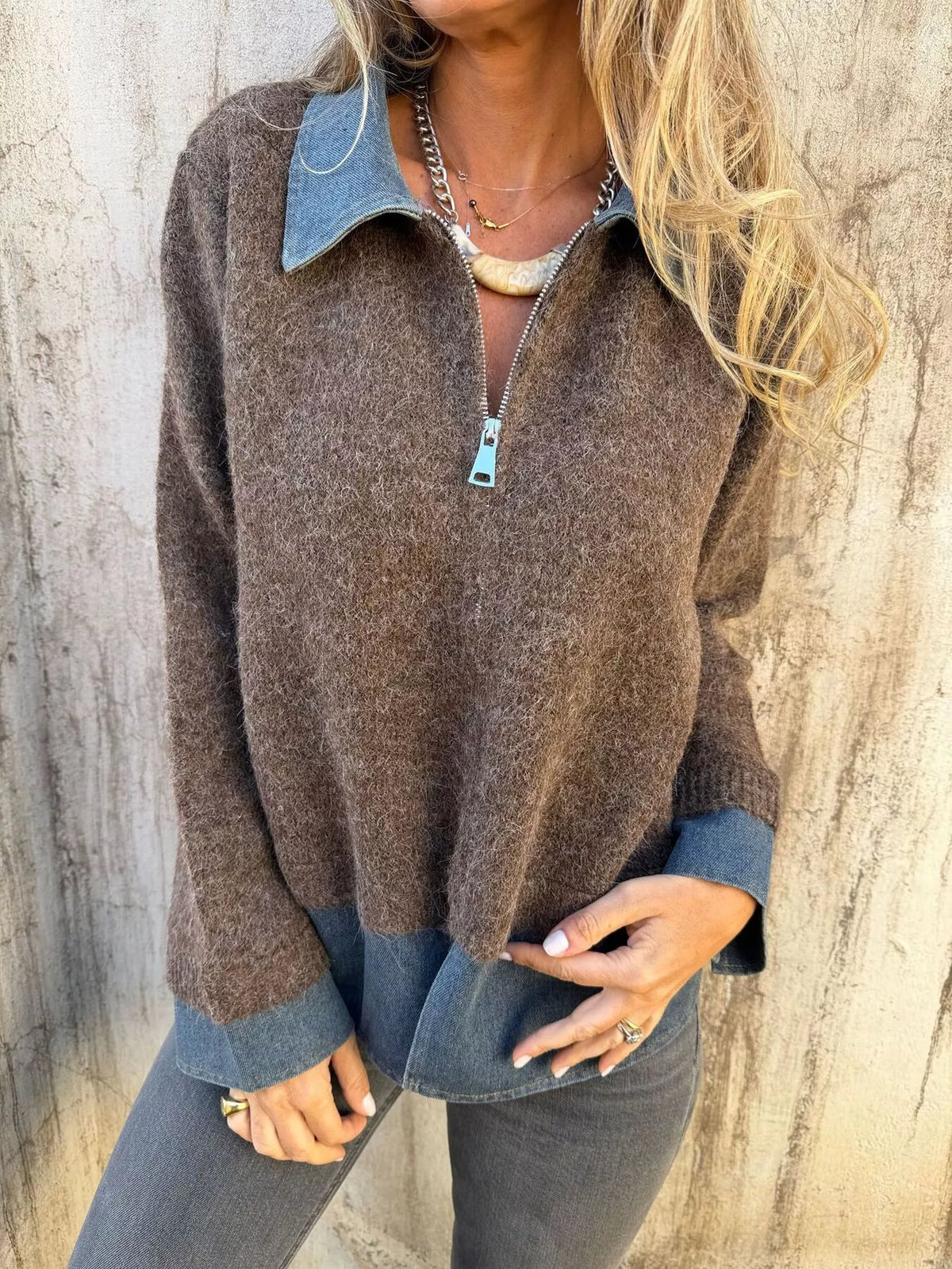 Contrast Denim Collar Half-Zip Knit Sweater