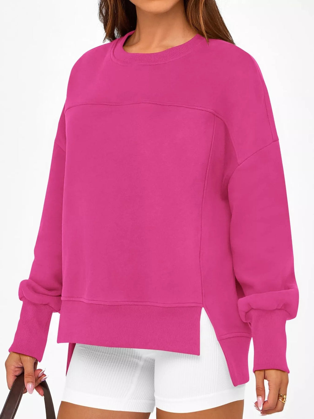 Slit Round Neck Dropped Shoulder Sweatshirt - Lilixa.store