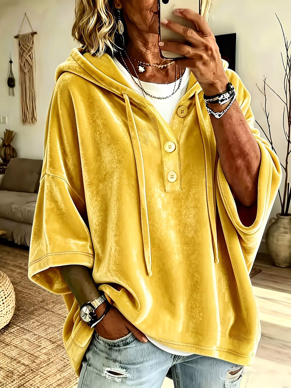Full Size Velvet Button Detail Drawstring Hoodie Plus Size in Yellow
