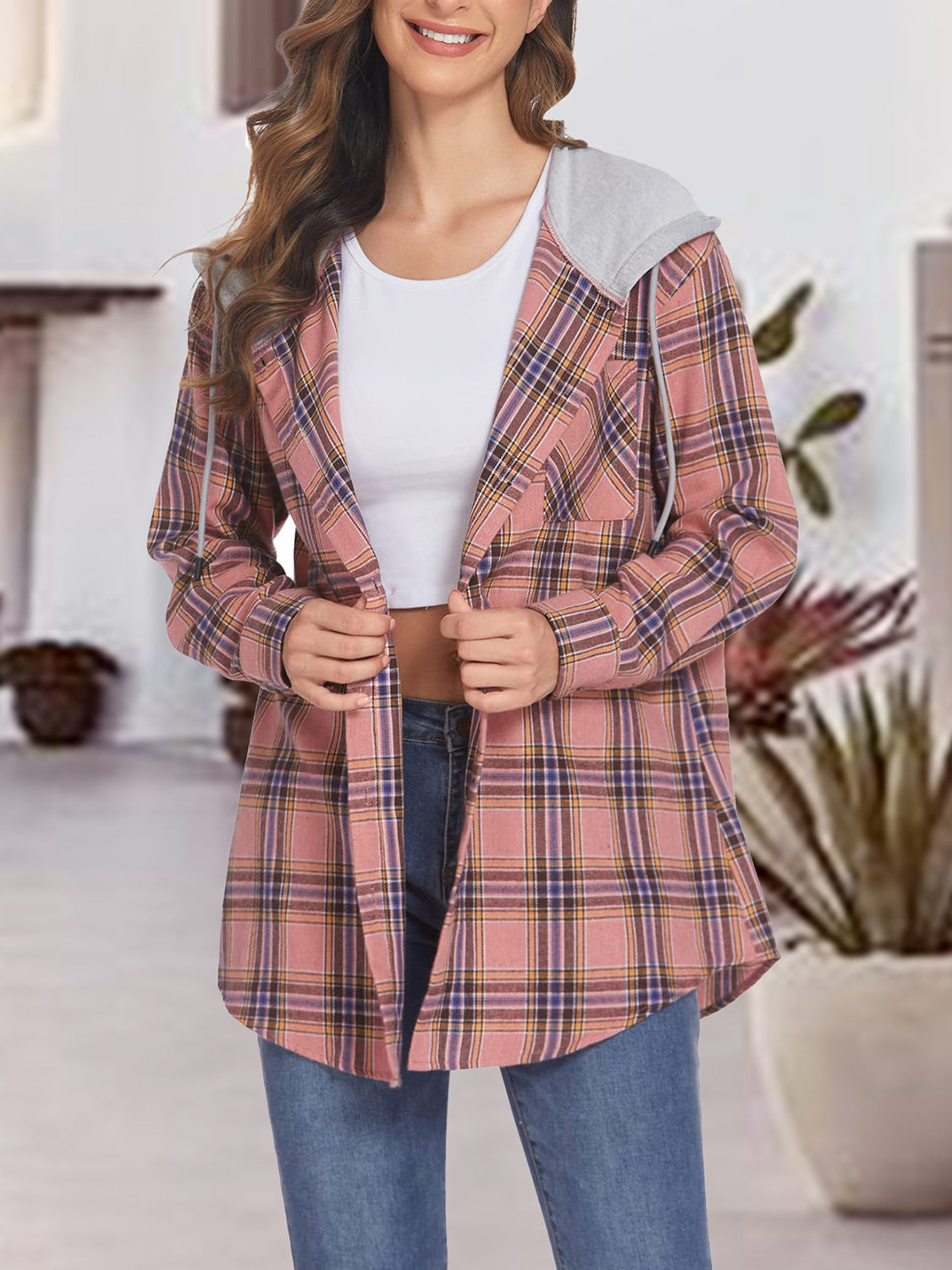 Plaid Drawstring Button Up Hooded Jacket in Pale Blush