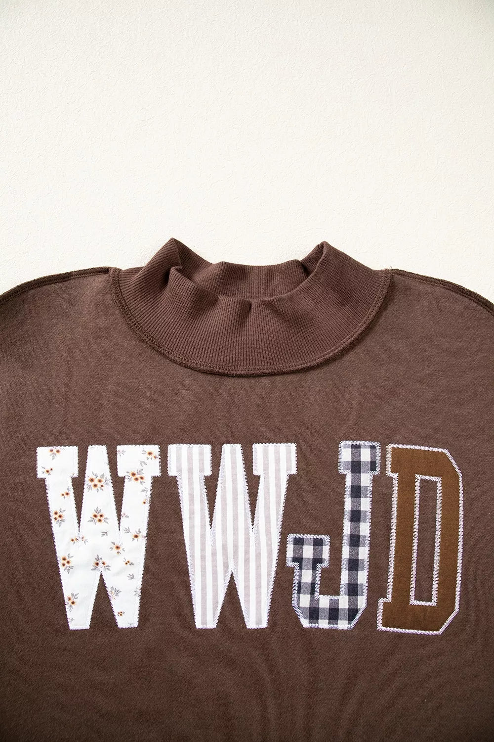 WWJD Mixed Pattern Embroidered Patch Graphic Mock Neck Sweatshirt in Dark Brown, view 6