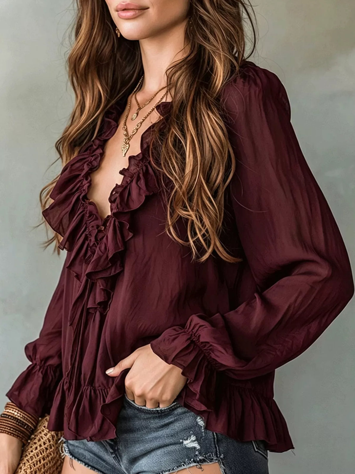 Ruffle V-Neck Long Sleeve Blouse, view 6