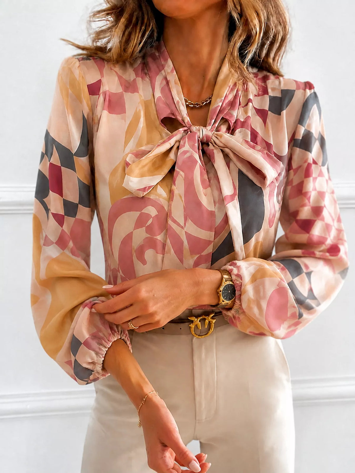 Printed Bow-Tie Neck Long Sleeve Blouse