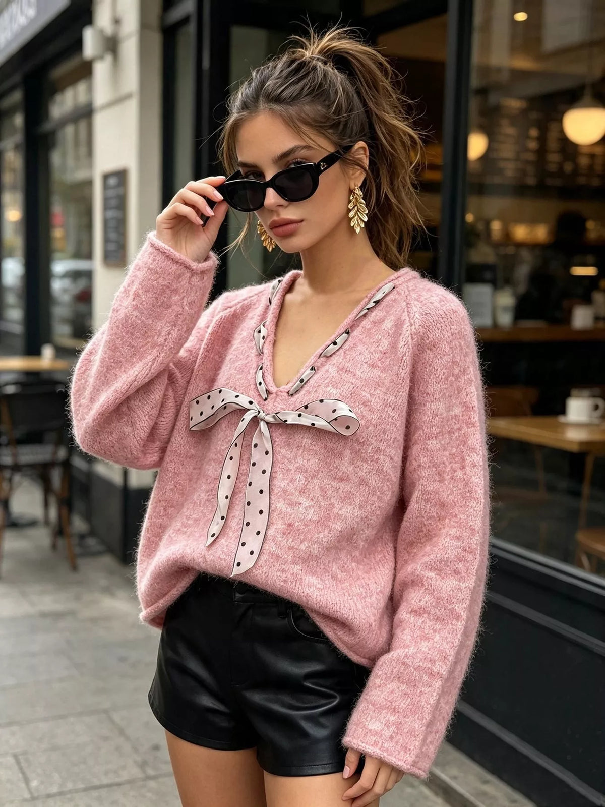 Chic V-Neck Sweater with Polka Dot Ribbon Tie in Pink