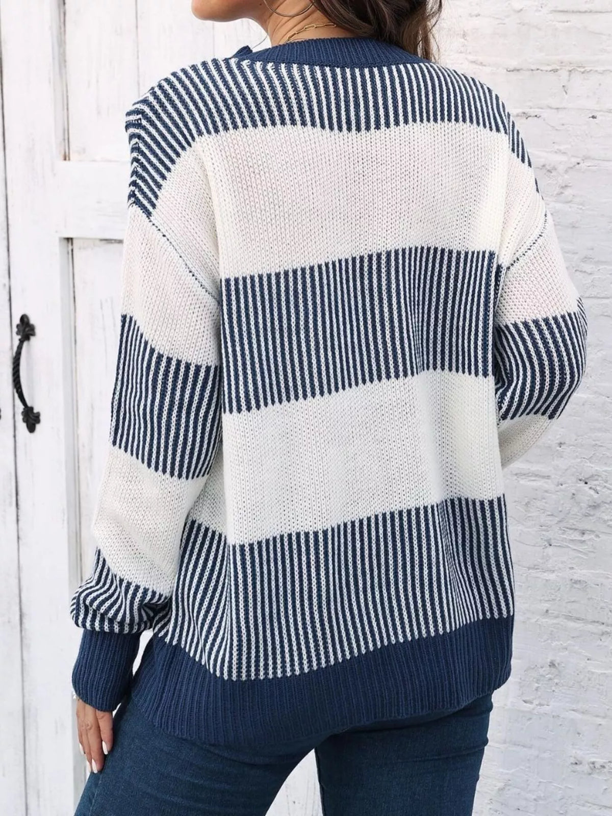 Full Size Striped Color Block Crew Neck Sweater Plus Size, view 11