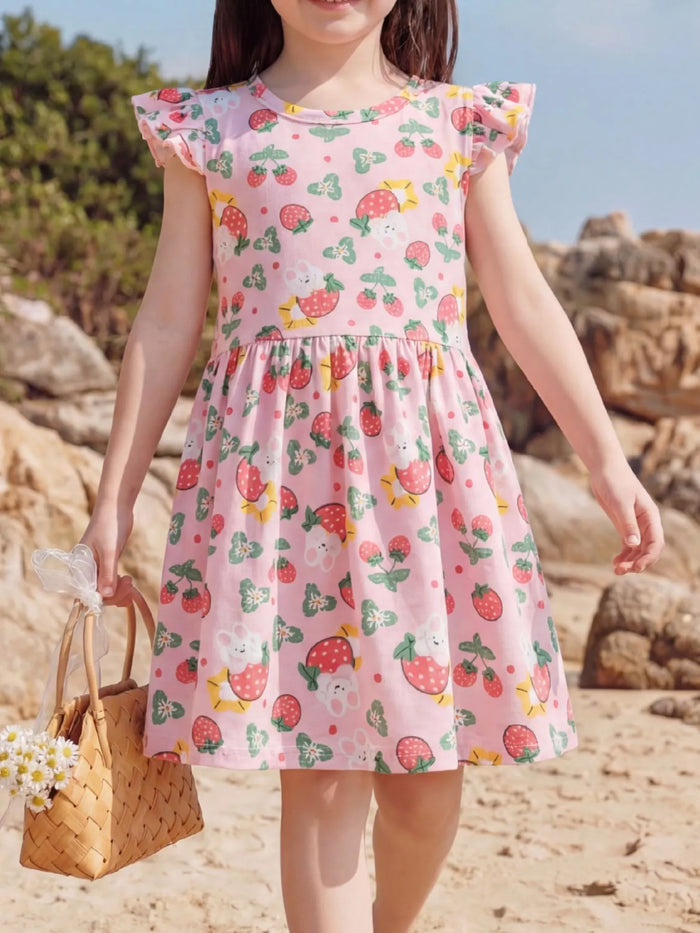 Children's Strawberry Print Ruffle Sleeve Dress - Lilixa.store