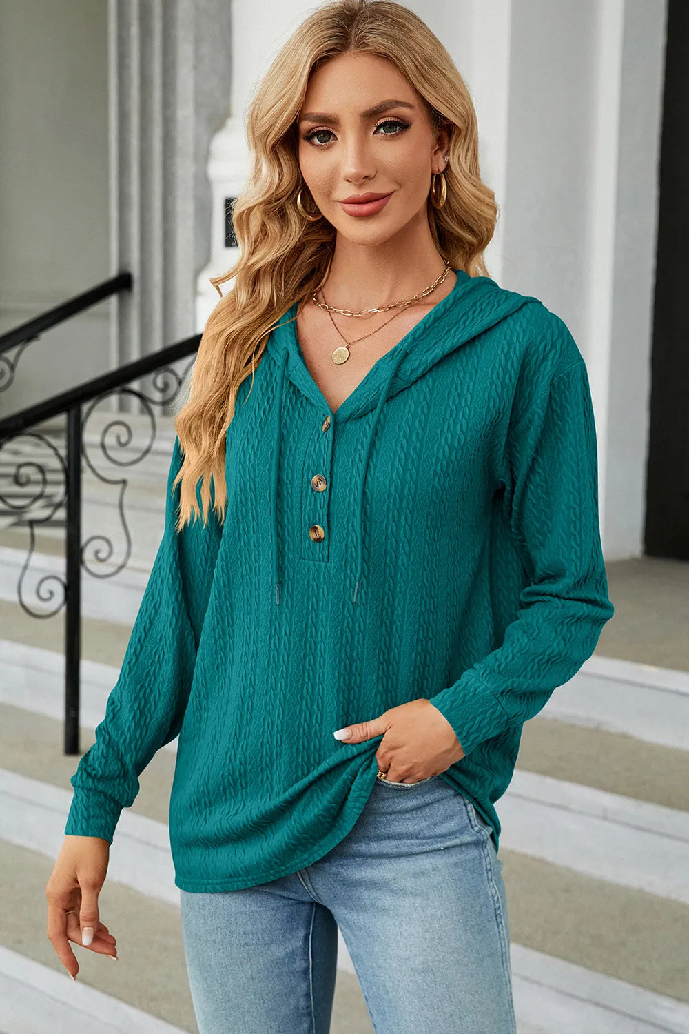 Drawstring Half Button Long Sleeve Hoodie - Lilixa.store