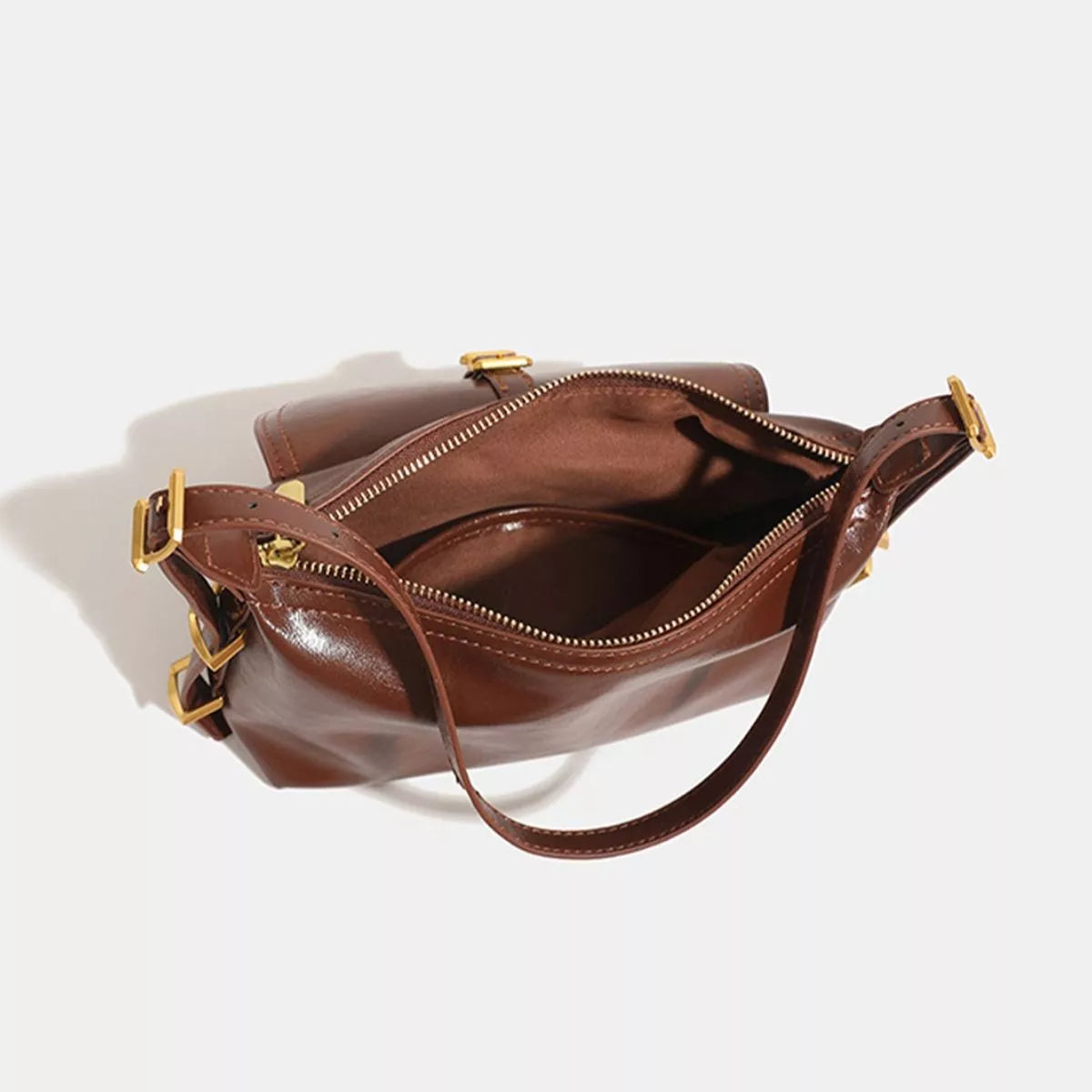 Vintage PU Leather Shoulder Bag with Buckle Detail in Caramel, view 5