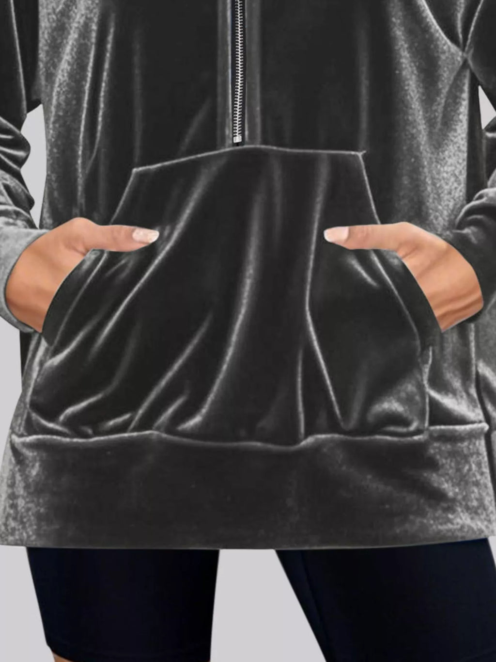 Full Size Velvet Half Zip Hoodie with Kangaroo Pocket Plus Size - Lilixa.store