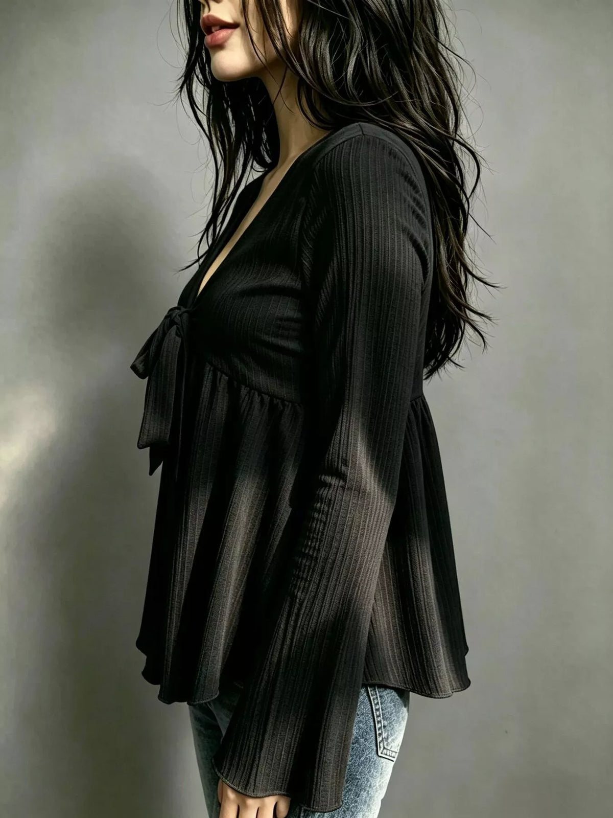 Tie-Front Flare Sleeve Blouse - Lilixa.store