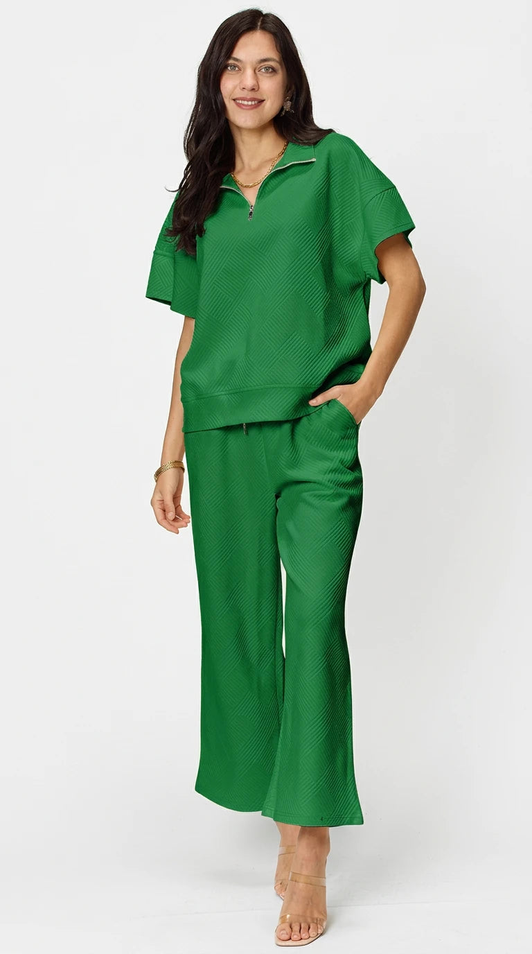 Double Take Full Size Texture Half Zip Short Sleeve Top and Pants Set in Green