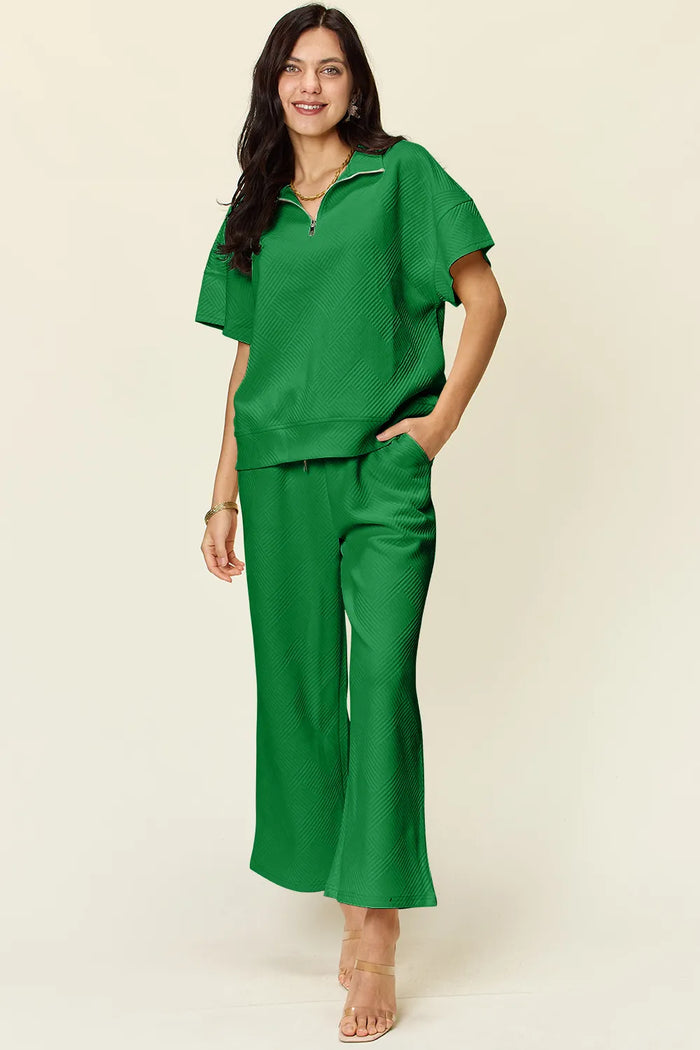 Double Take Full Size Texture Half Zip Short Sleeve Top and Pants Set in Green