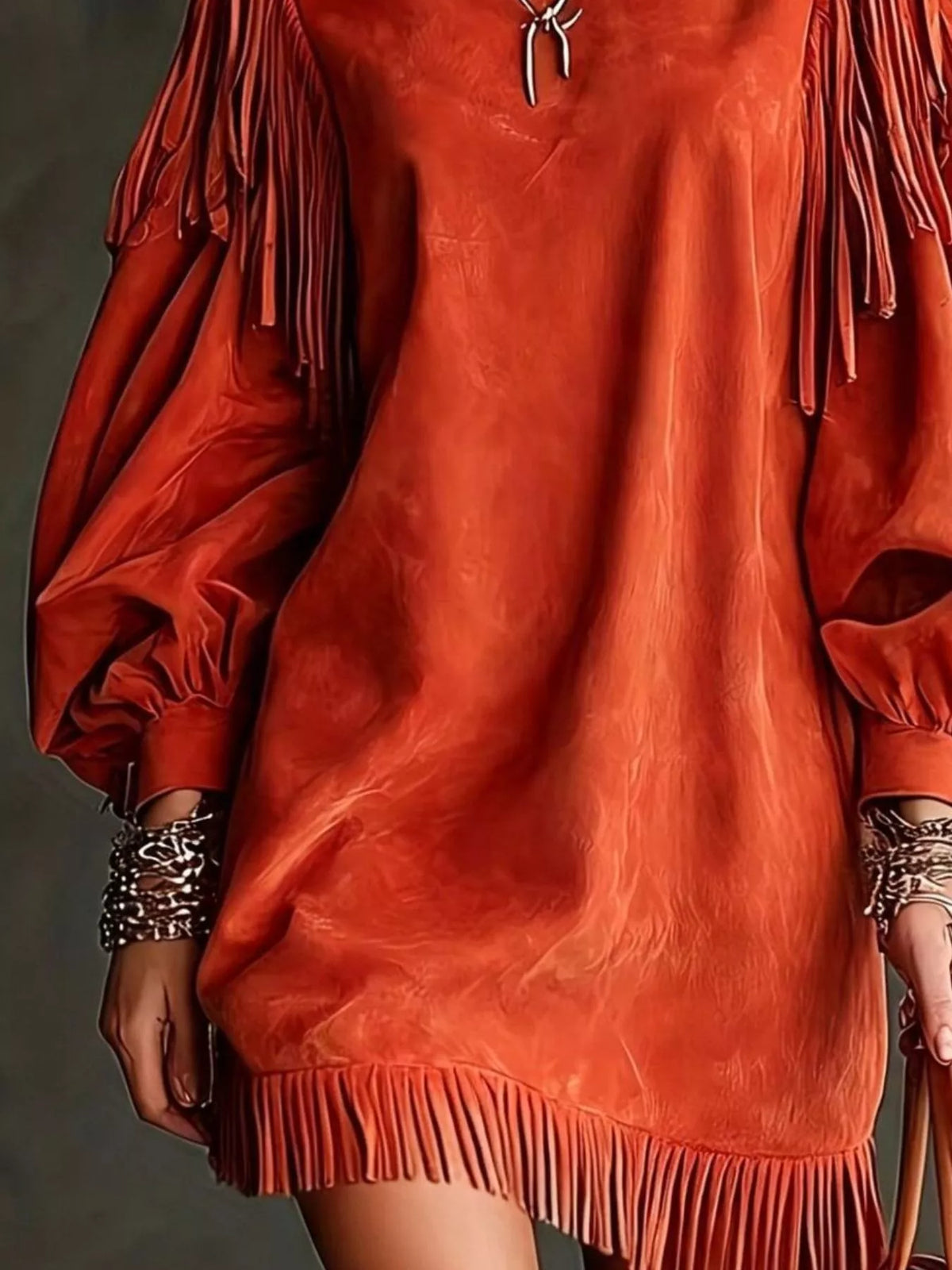 Fringe Detail Lantern Sleeve Mini Dress - Lilixa.store