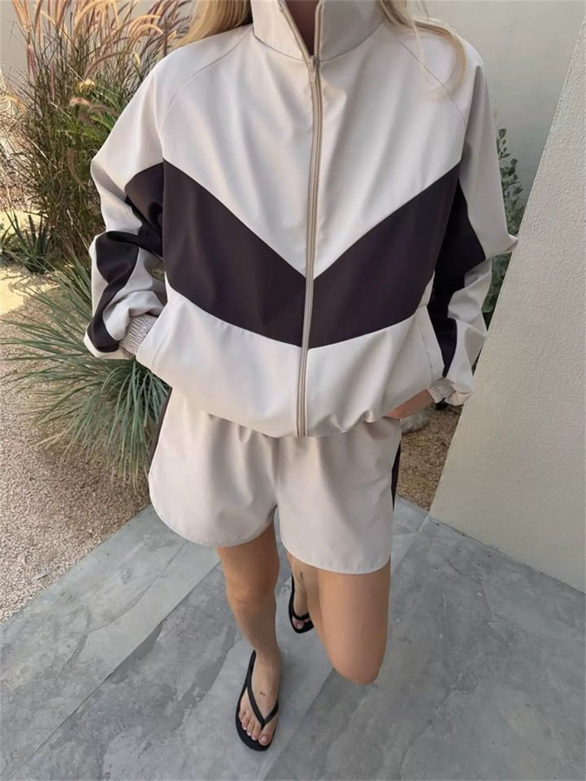 Color-Block Zip-Up Jacket and Shorts Set - Lilixa.store