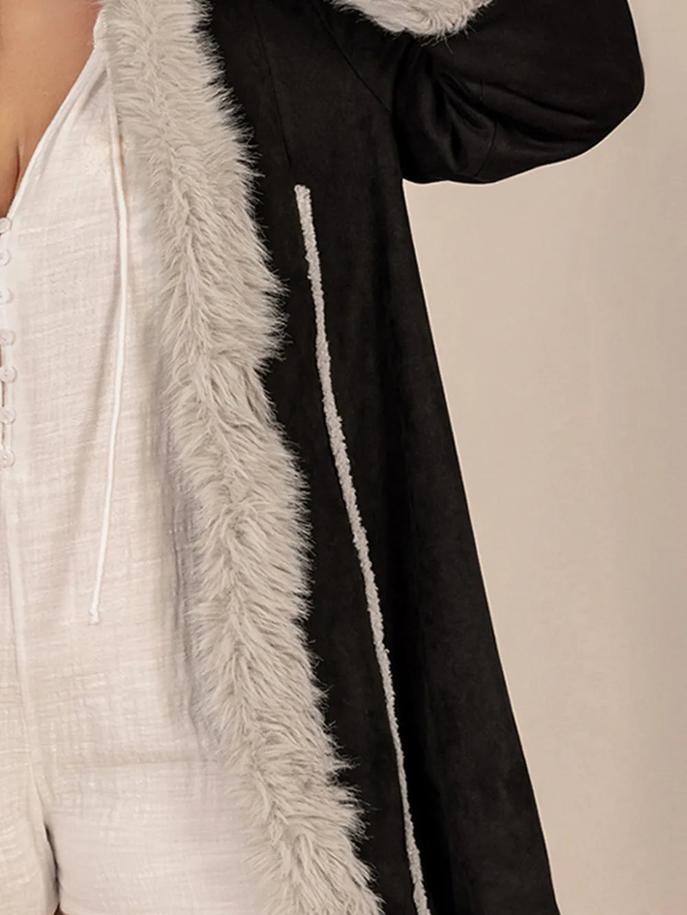 Plus Size Fuzzy Trim Open Front Long Sleeve Hooded Coat in Black, view 9