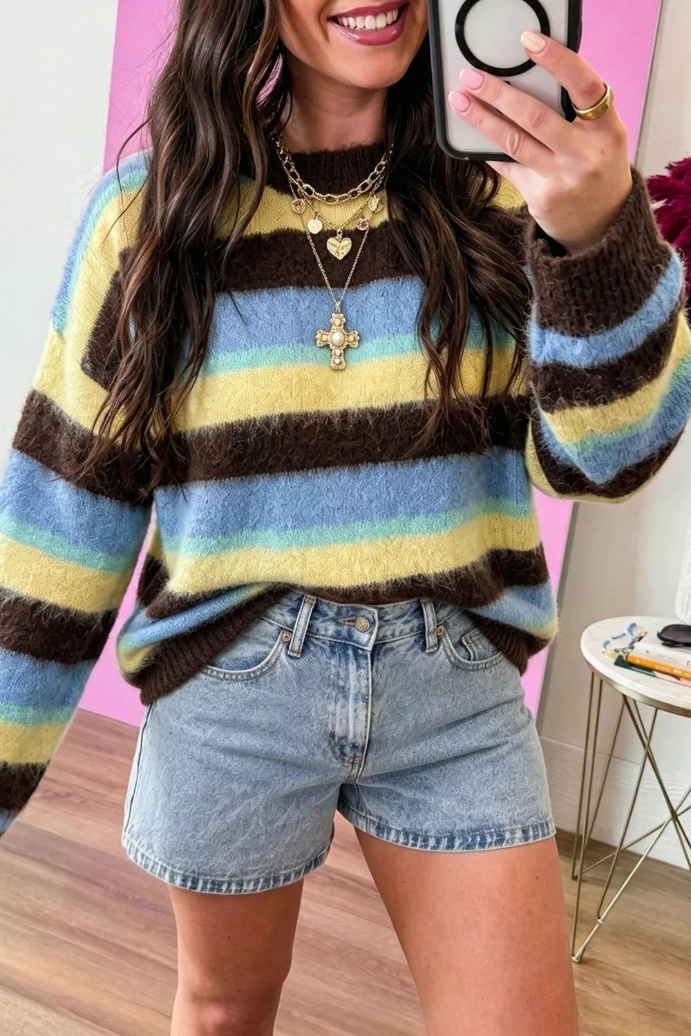 Striped Fuzzy Dropped Shoulder Sweater