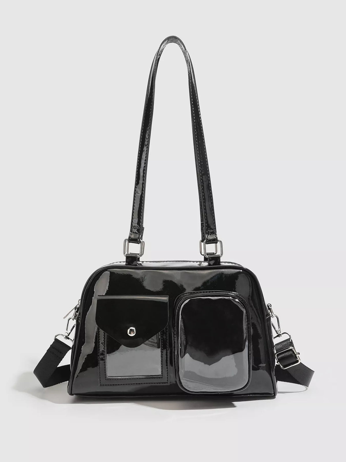 Glossy Patent Leather Multi-Pocket Shoulder Bag in Black