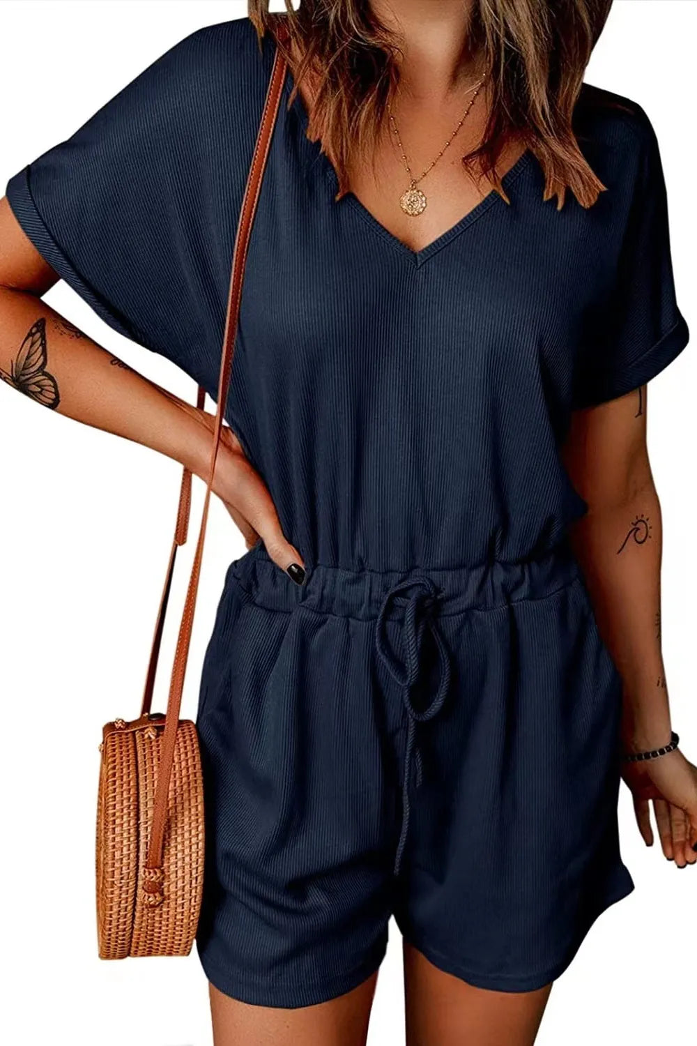 Full Size Drawstring V-Neck Short Sleeve Romper - Lilixa.store