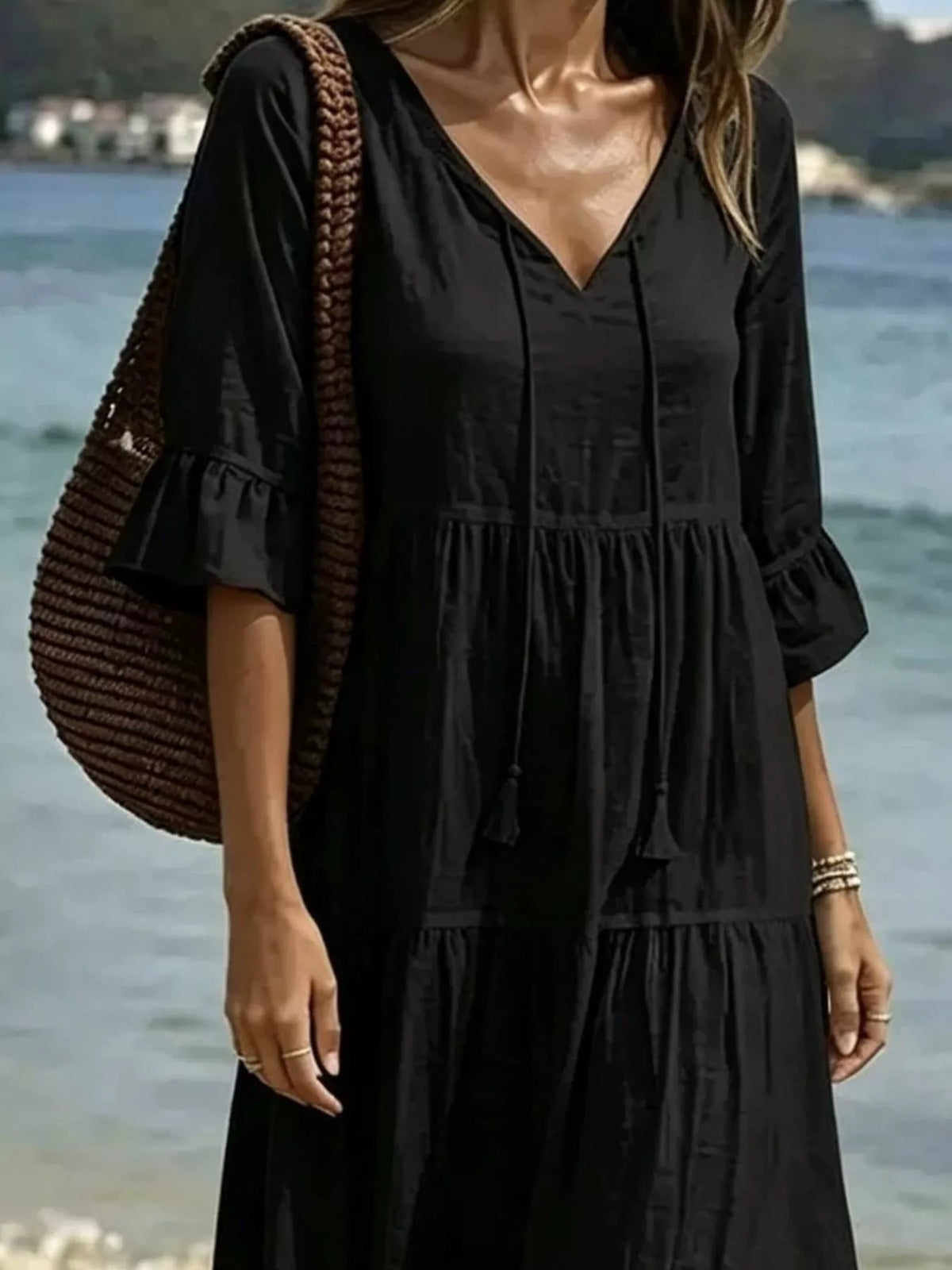 Full Size Tiered Tie Neck Flounce Sleeve Dress Plus Size - Lilixa.store