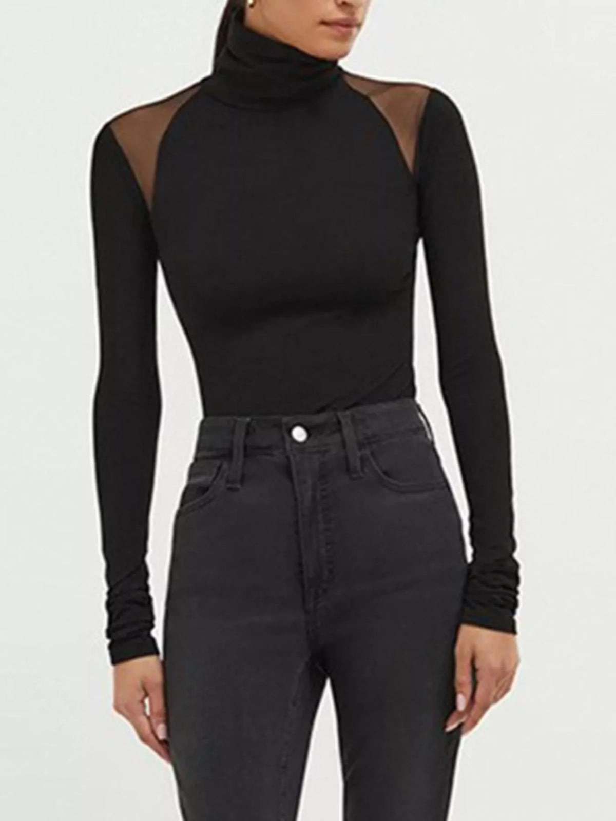 Mesh Shoulder Turtleneck Bodysuit - Lilixa.store