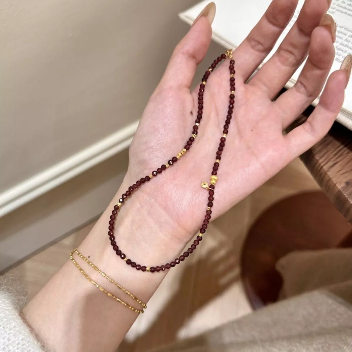 Double Layered Beaded Bracelet with Gold Accents in Burgundy