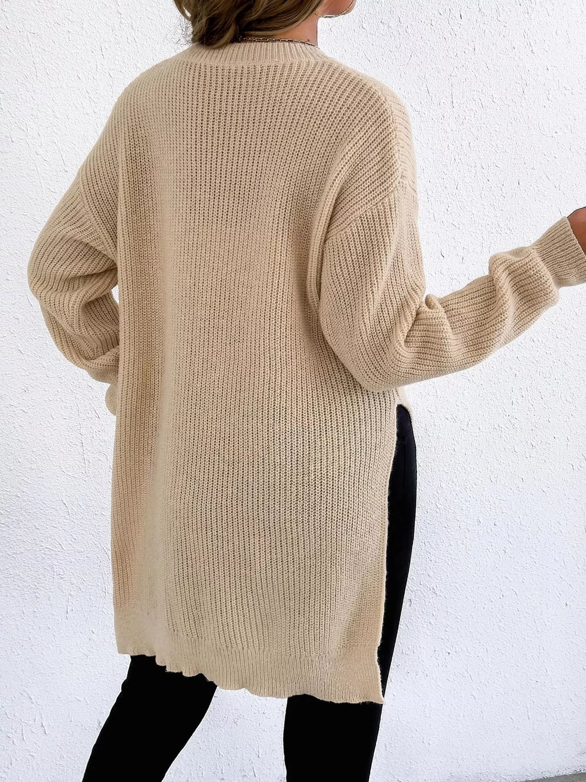 Side-Slit Dropped Shoulder Sweater - Lilixa.store