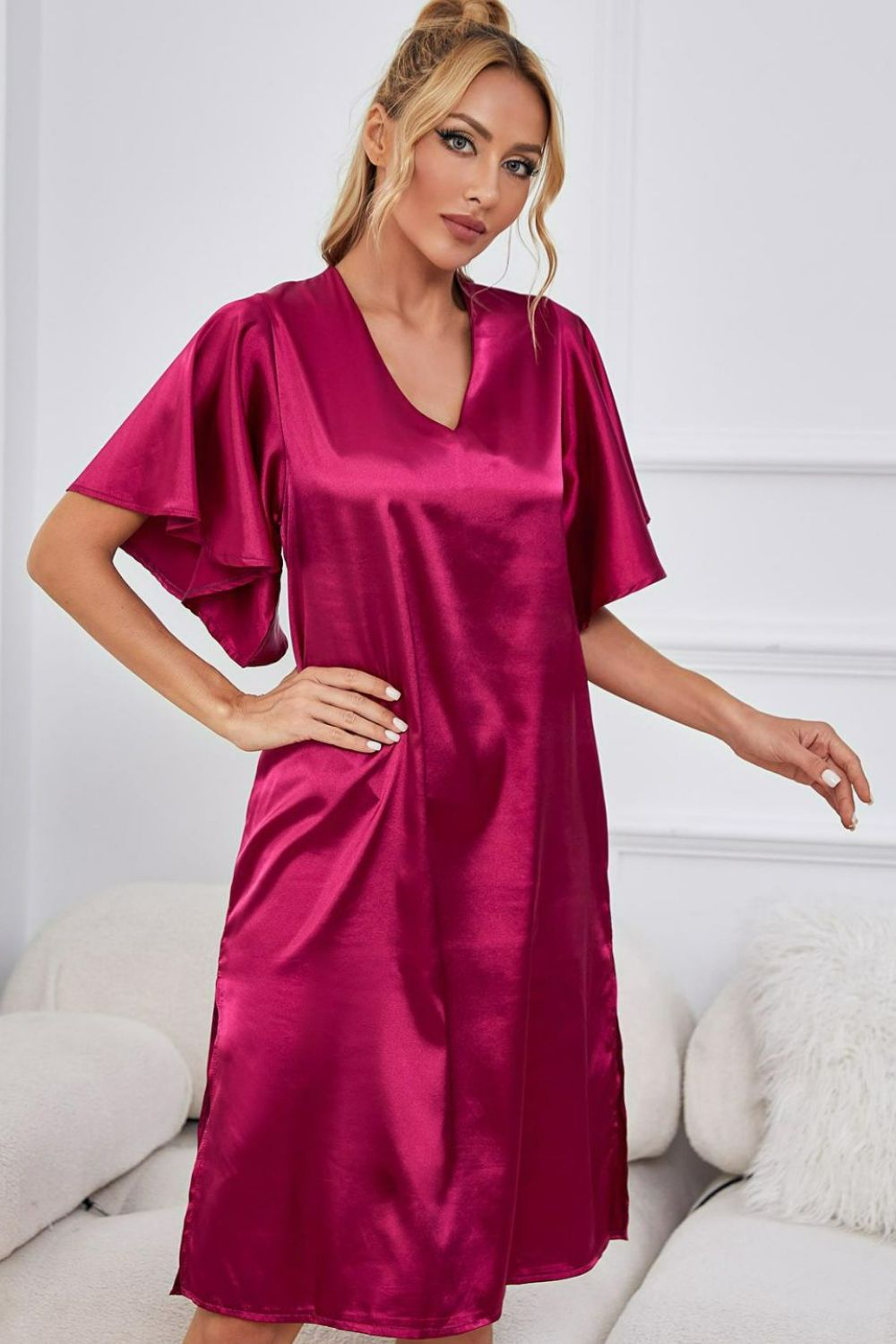Satin Flutter Sleeve Side Slit V-Neck Night Dress - Lilixa.store