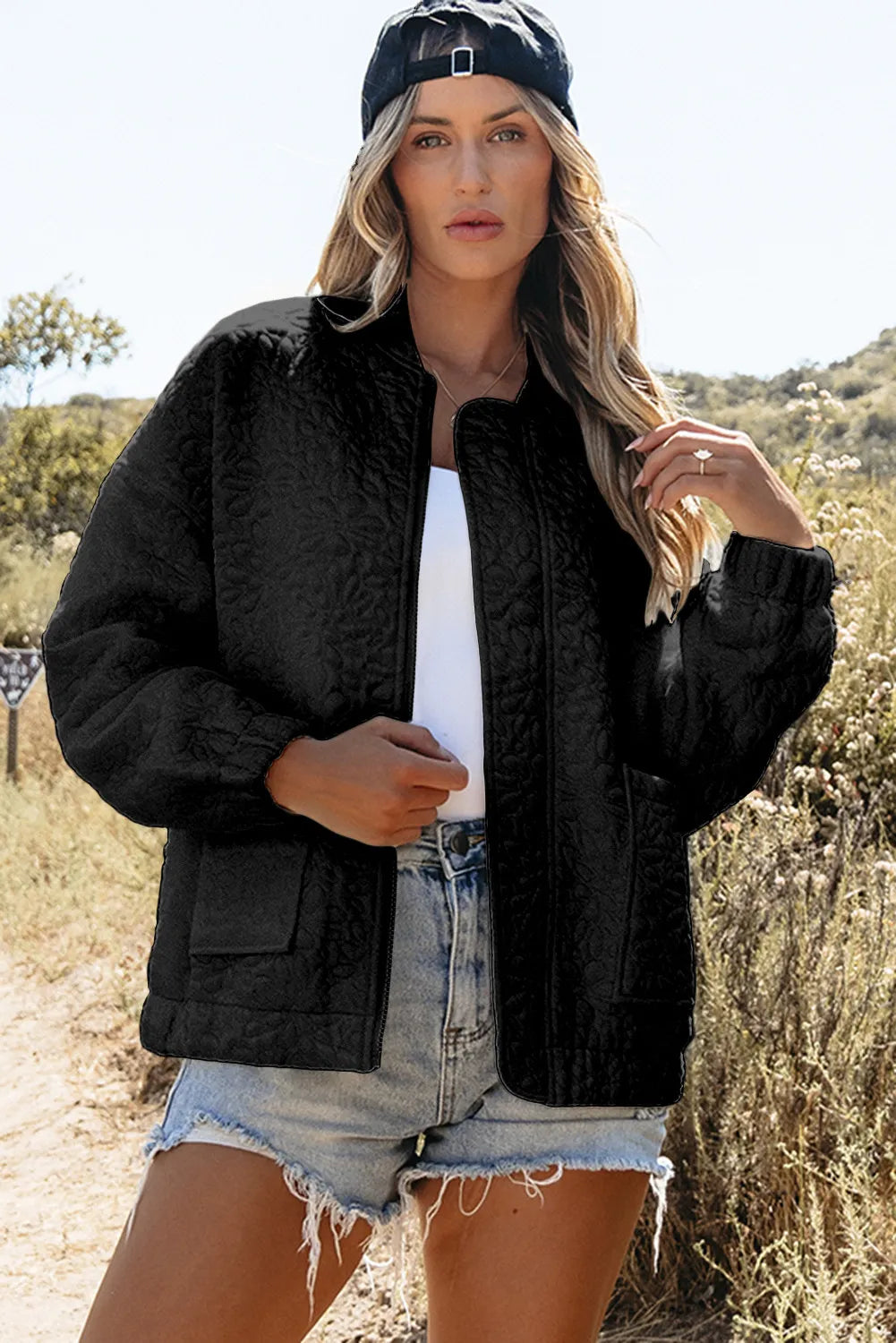 Baseball Collar Floral Quilted Jacket in Black
