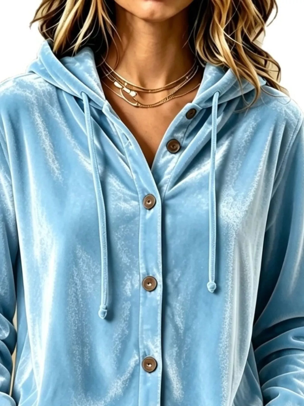 Full Size Velvet Button-Down Hooded Top Plus Size - Lilixa.store