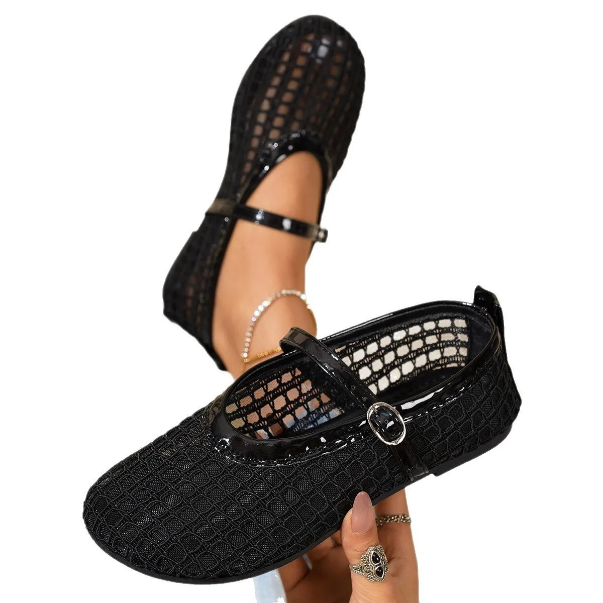 Woven Mesh Mary Jane Sandals with Buckle Strap, view 2