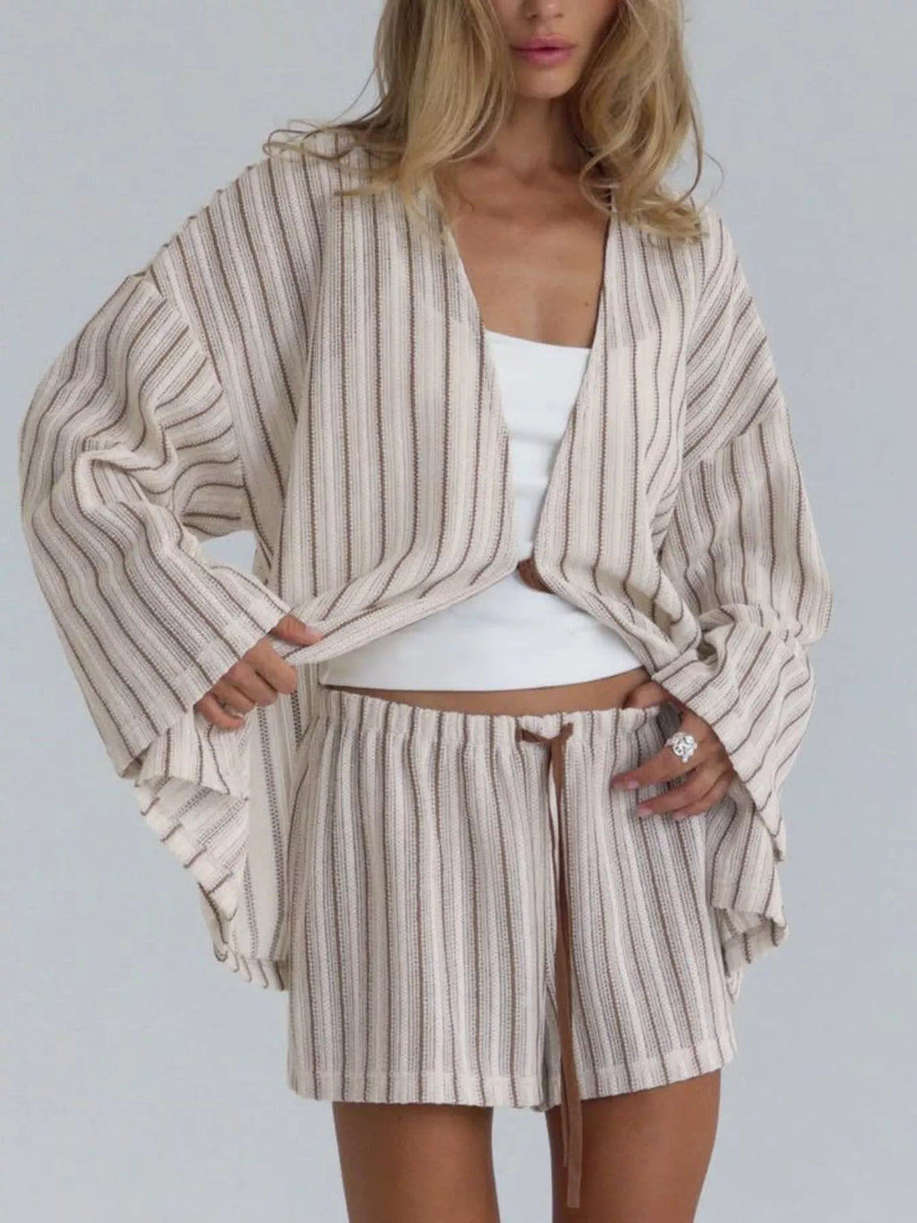 Striped Tie Front Top and Shorts Lounge Set - Lilixa.store