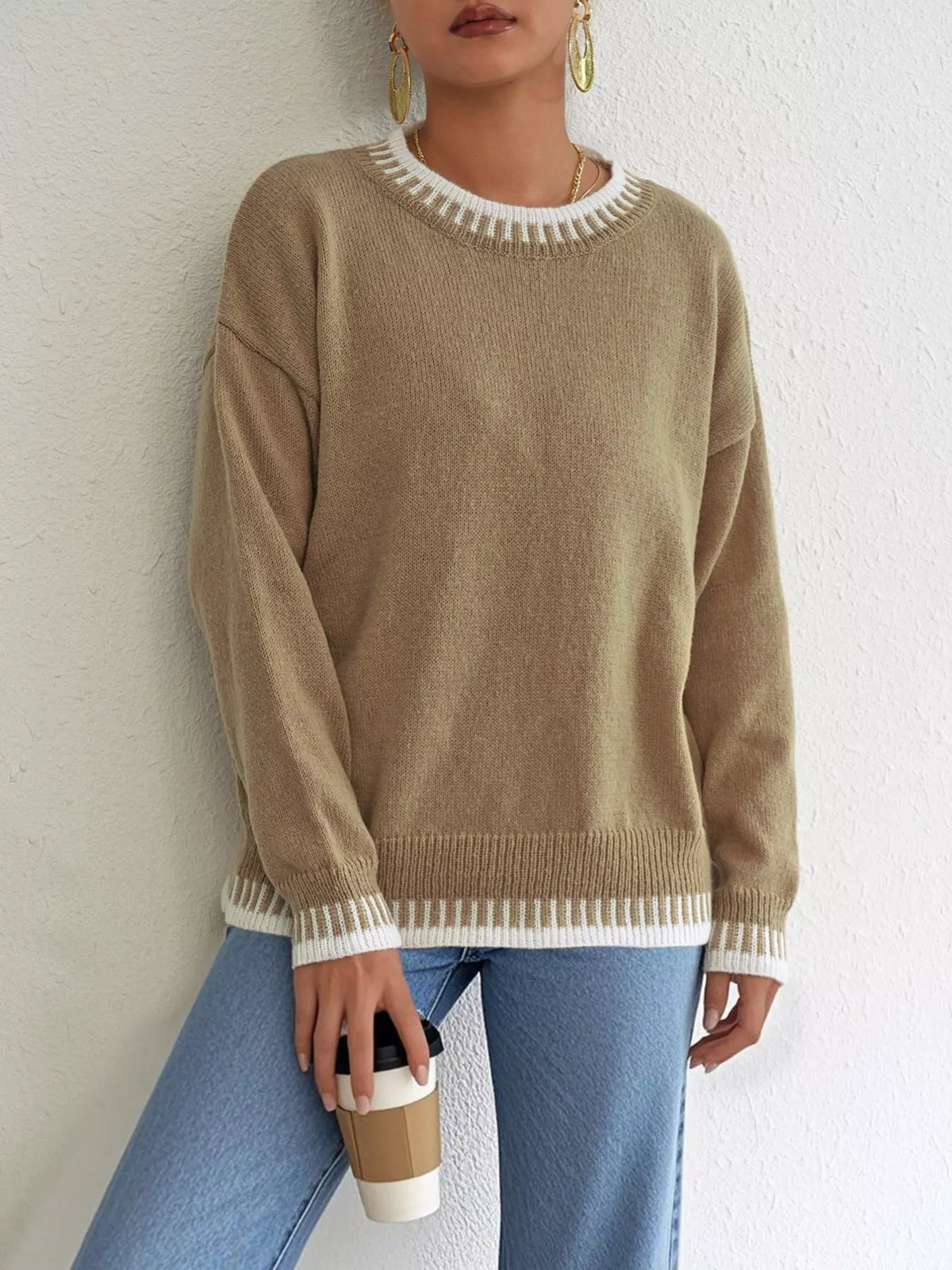 Contrast Trim Crew Neck Drop Shoulder Sweater - Lilixa.store