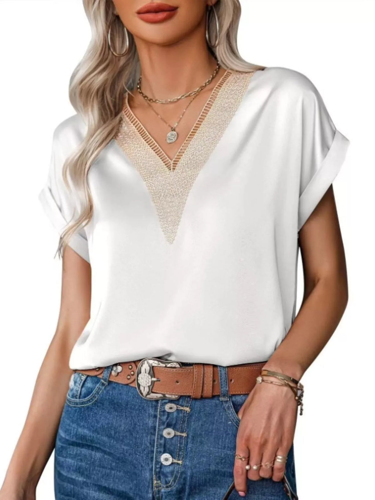 V-Neck Short Sleeve Satin Top - Lilixa.store