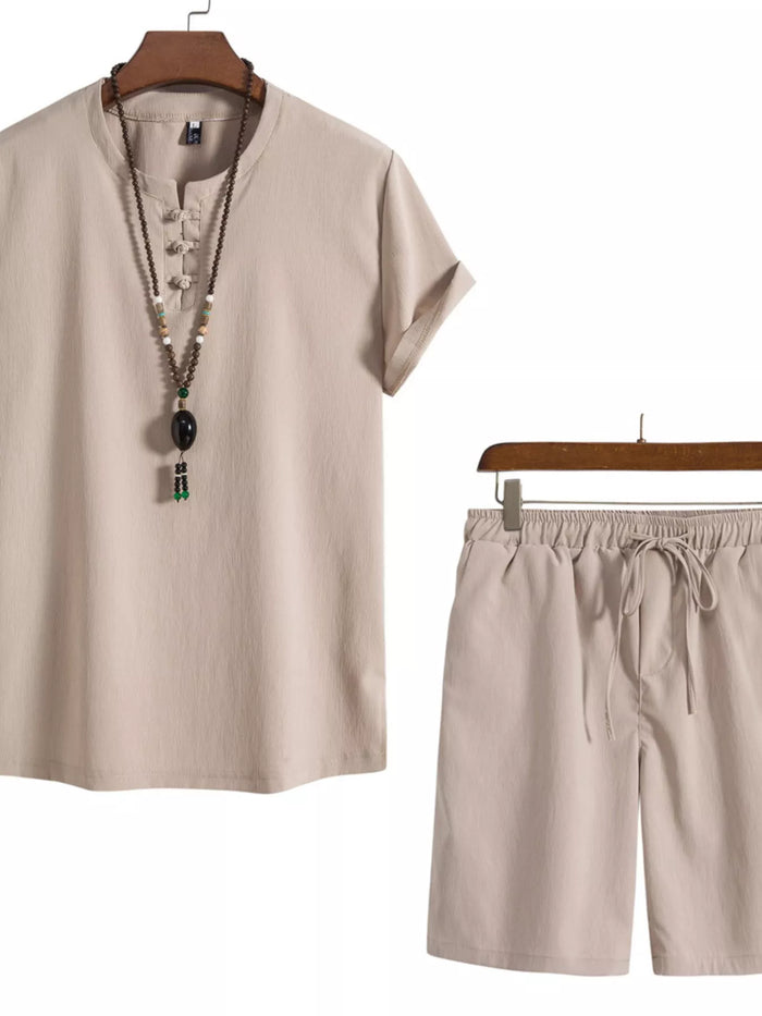 Men's Plus Size Mandarin Collar Short Sleeve Shirt and Shorts Set - Lilixa.store
