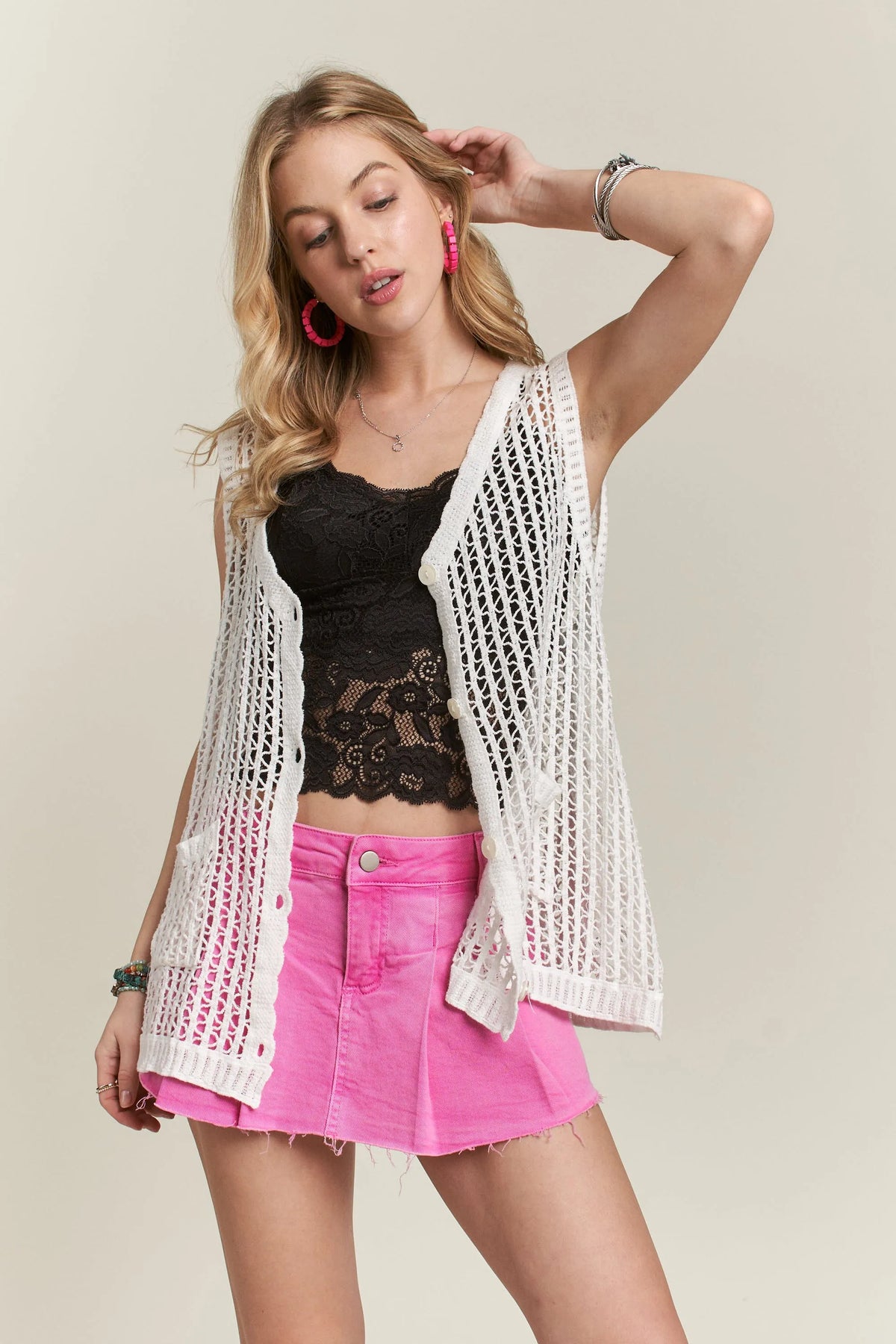 ADORA Button Down Crochet Vest Top in White
