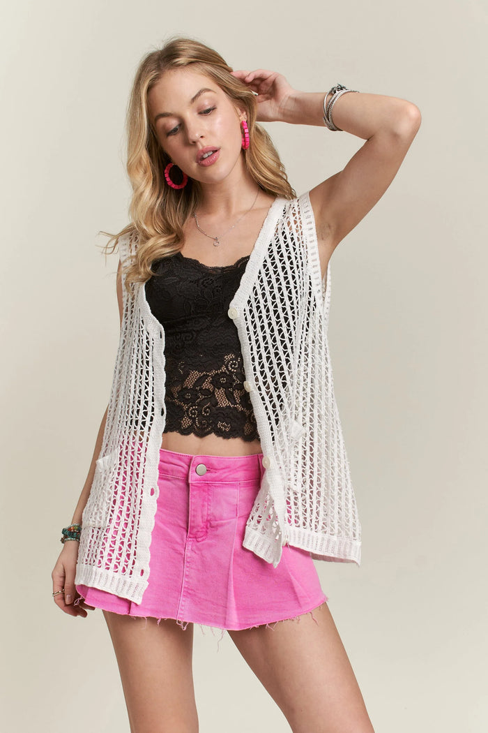 ADORA Button Down Crochet Vest Top in White