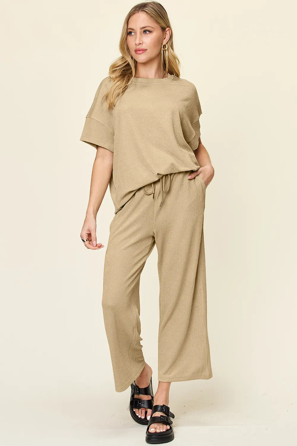 Double Take Full Size Texture Round Neck Short Sleeve T-Shirt and Wide Leg Pants in Khaki