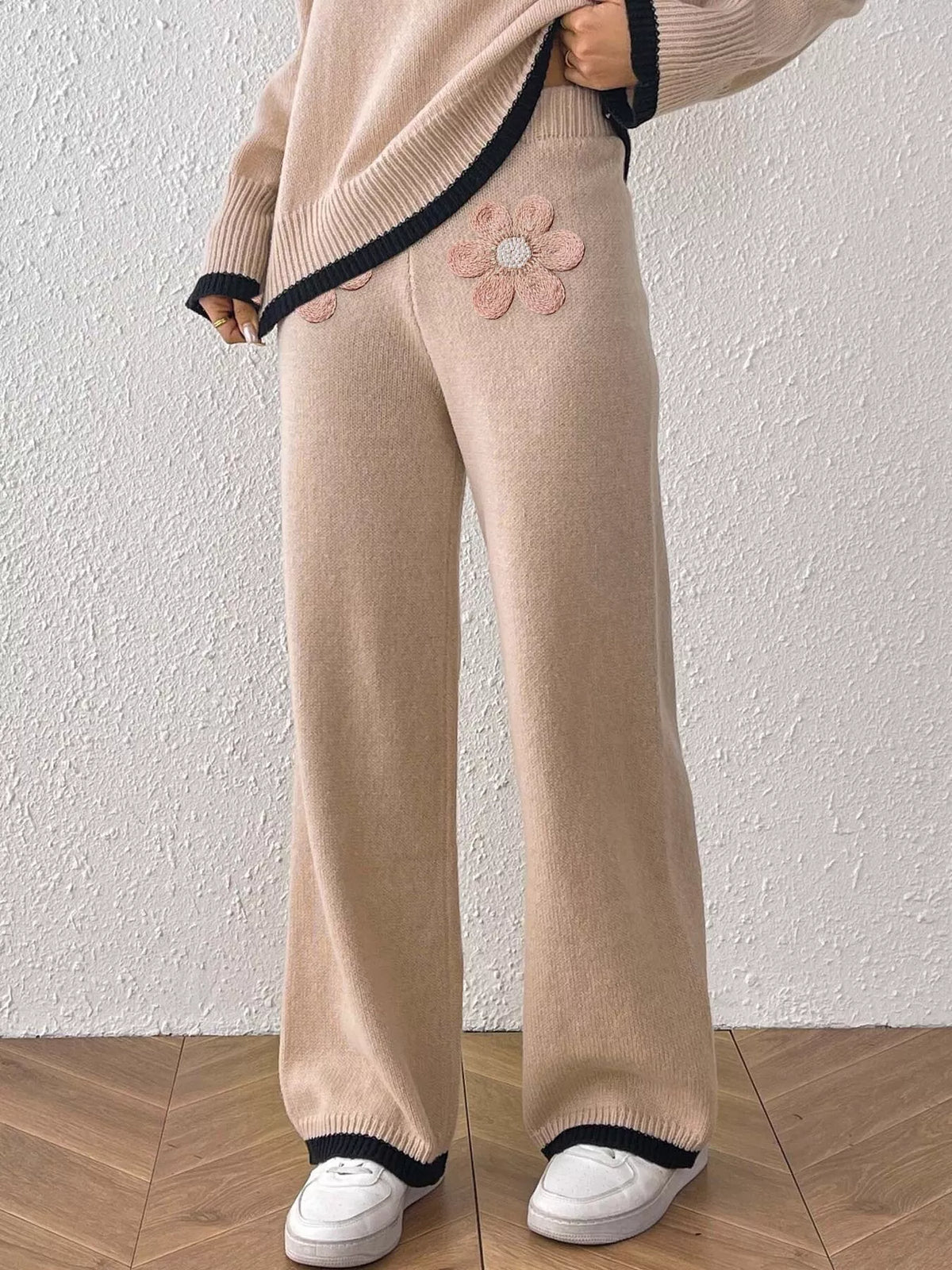 Floral Applique High-Waisted Wide-Leg Sweater Pants