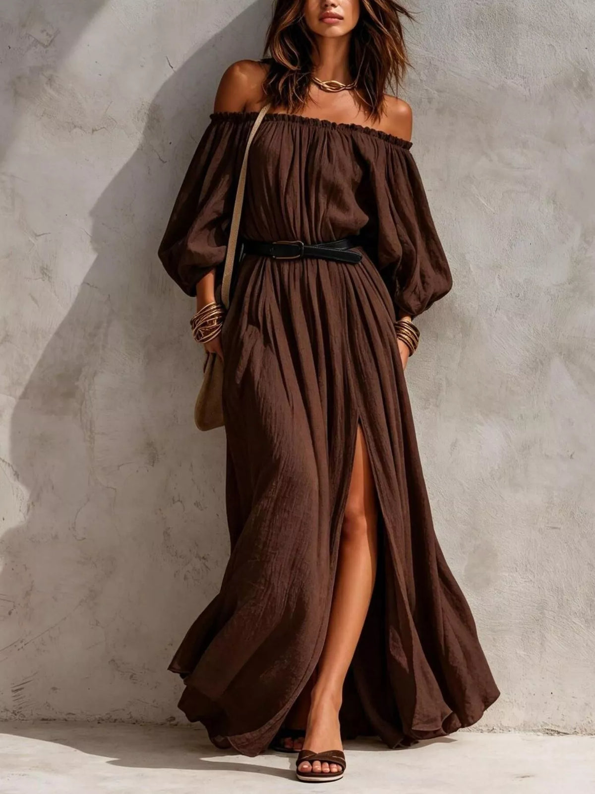 Boho Off-Shoulder Maxi Dress with Side Slit in Dark Brown