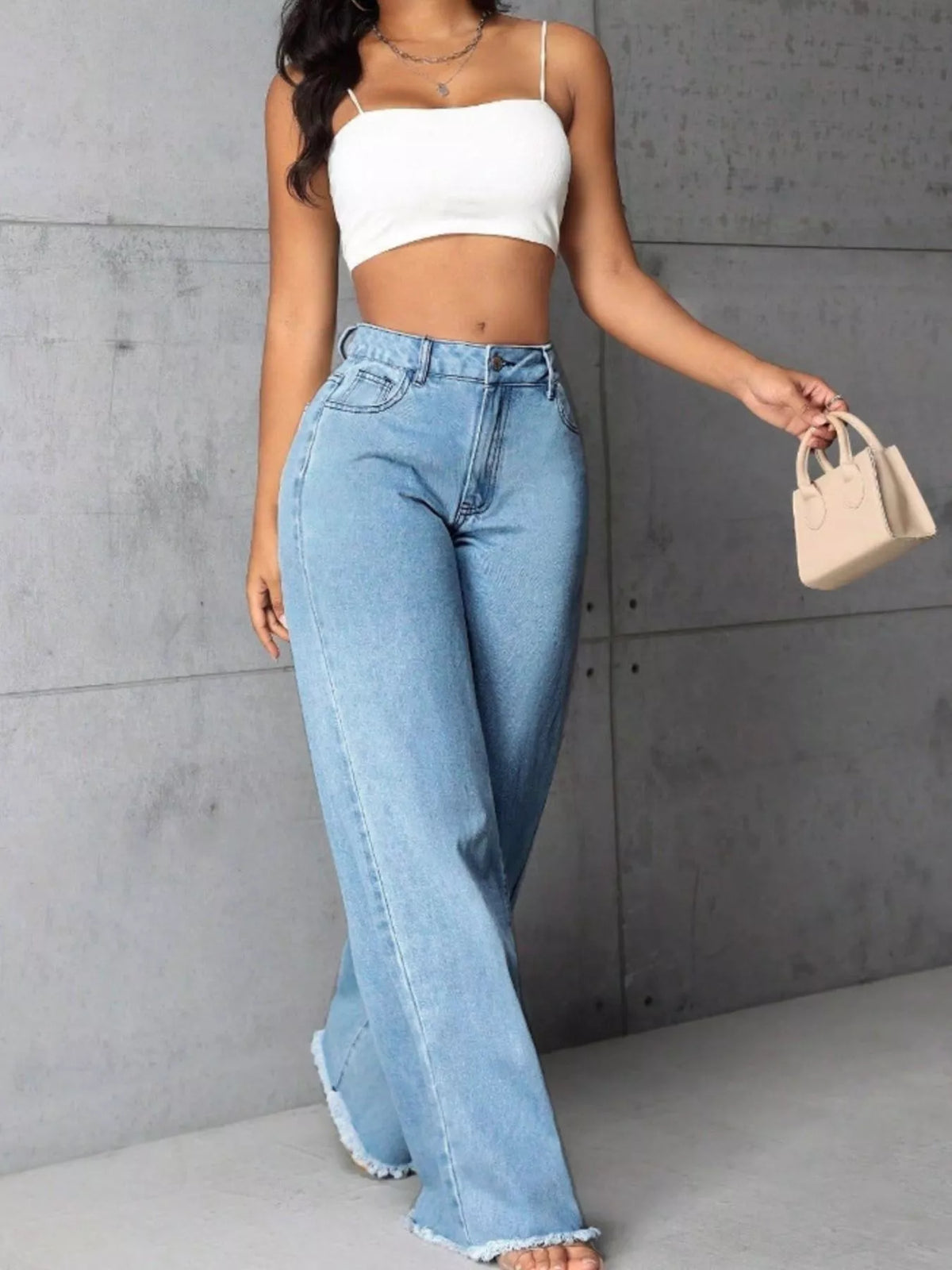 Full Size High-Waisted Wide Leg Raw Hem Jeans Plus Size in Light Blue, view 2