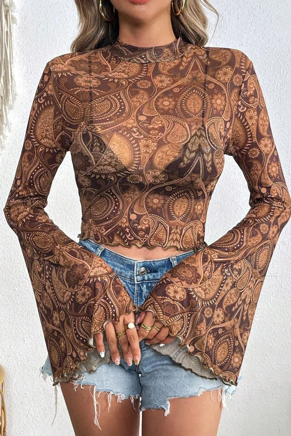 Printed Mock Neck Flare Sleeve Top in Brown, view 3