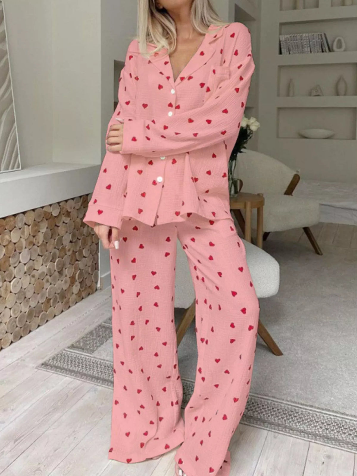 Heart Print Long Sleeve Top and Pants Lounge Set - Lilixa.store