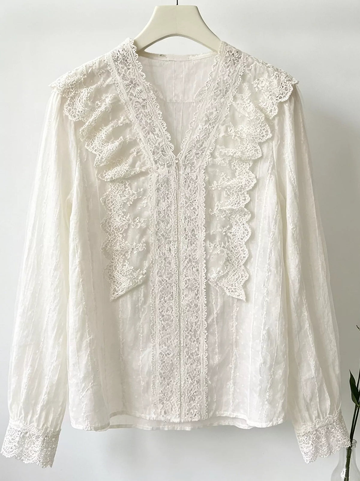 V-Neck Lace Ruffle Sheer Blouse in Apricot, view 4
