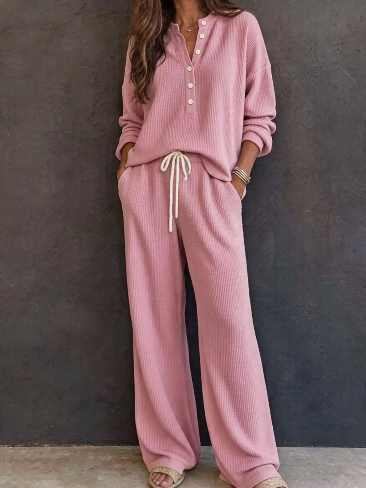 Waffle Knit Henley Top and Wide Leg Pants Set in Dusty Pink