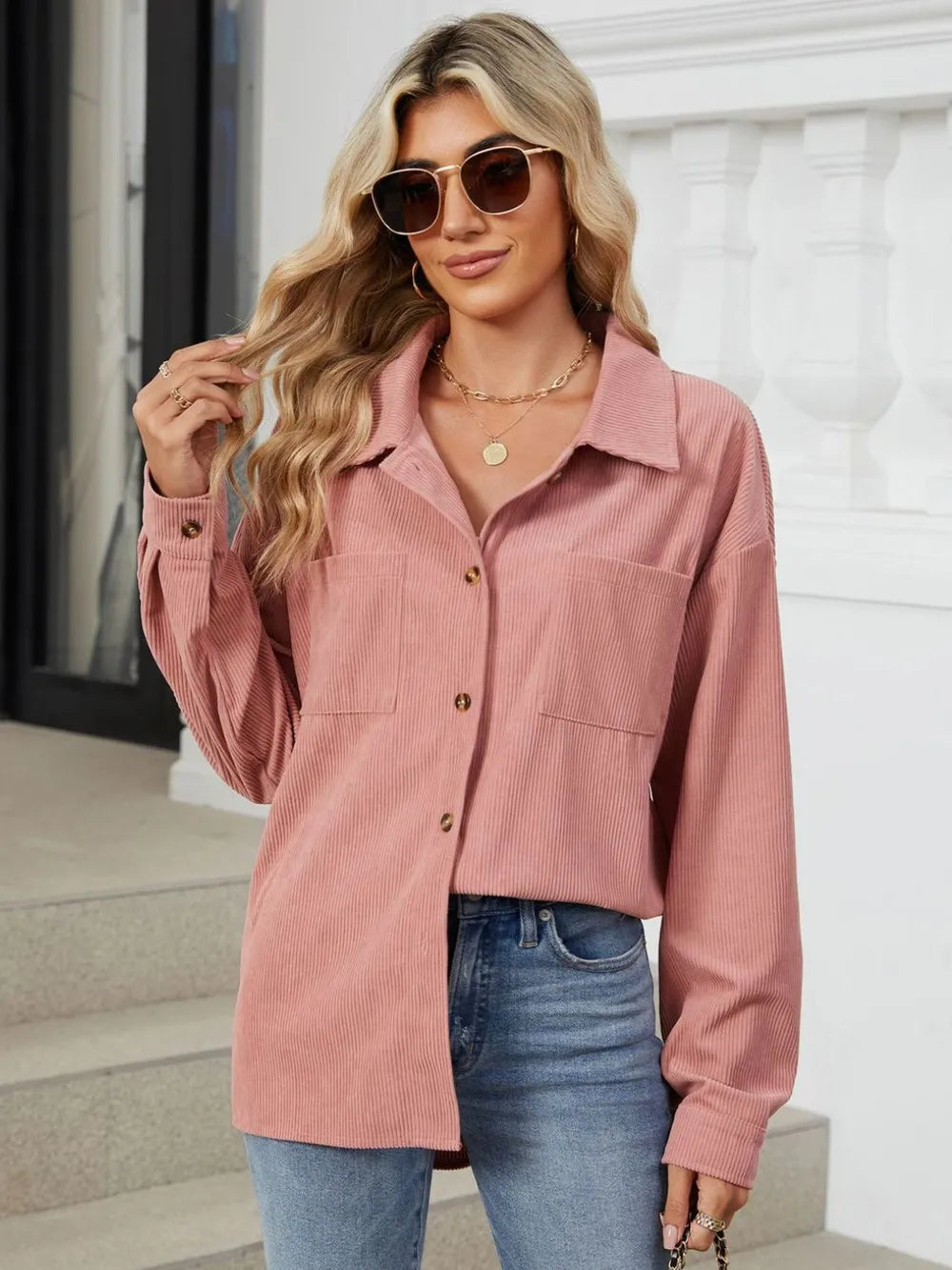 Button Up Dropped Shoulder Long Sleeve Outerwear - Lilixa.store